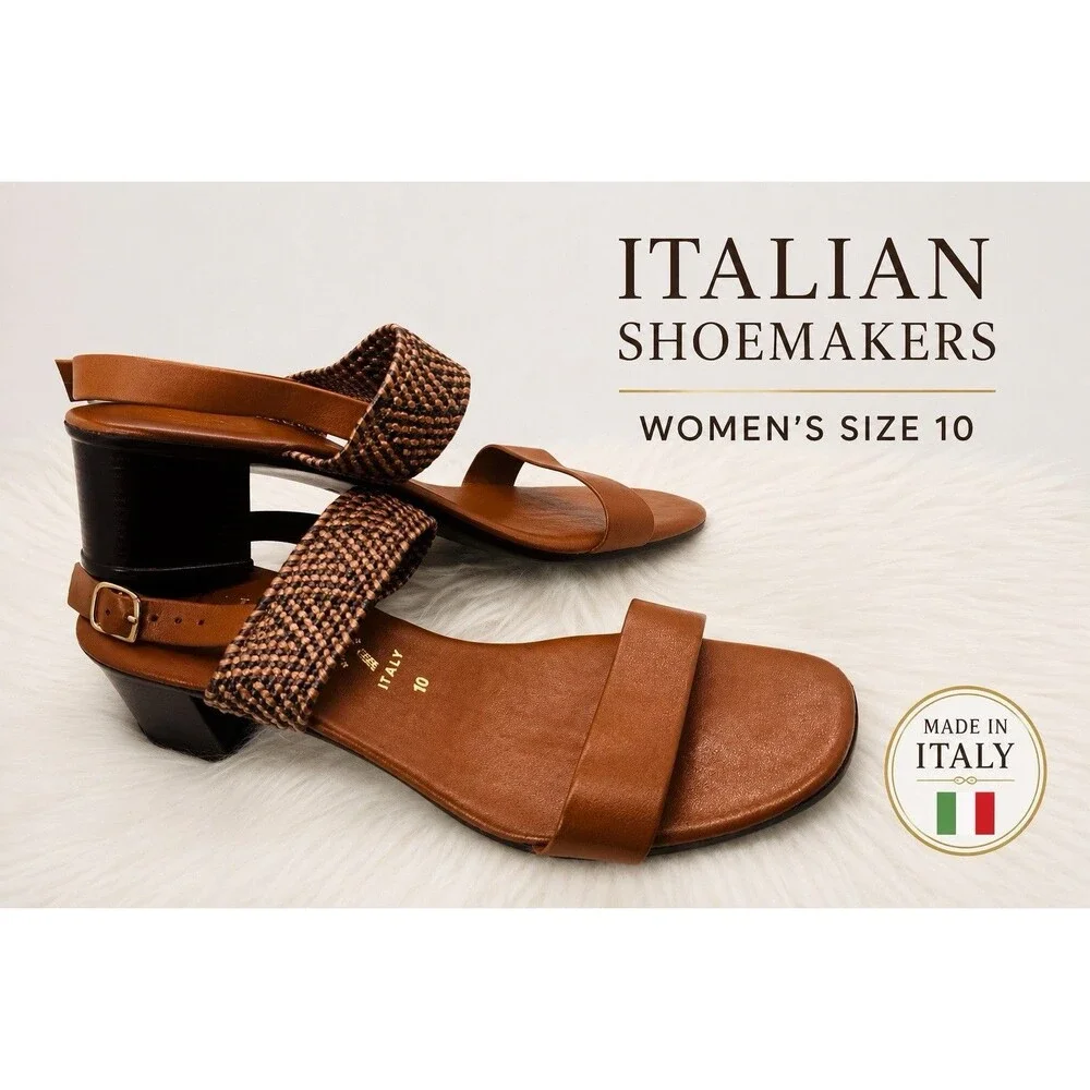 Italian Shoemakers Sandal Womens Size 10 Brown Woven Slingback Italy Block Heel